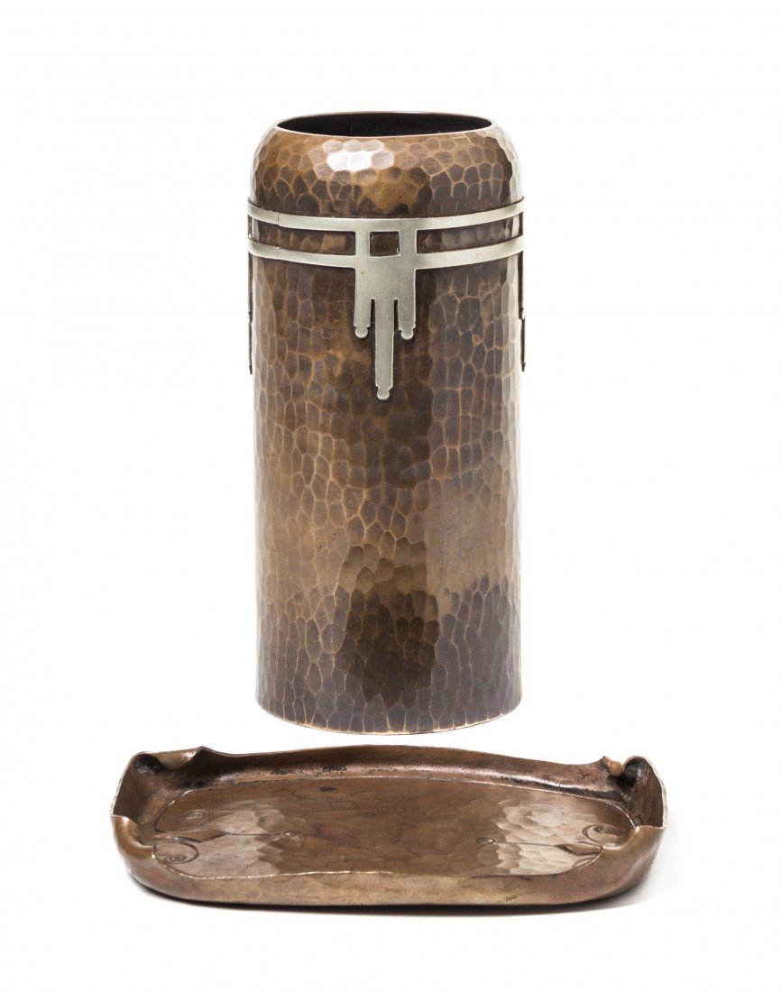 A Roycroft Hammered Copper and Silver Vase, Height of v: A Roycroft Hammered Copper and Silver Vase, of cylindrical form with applied repeating geometric decoration, the base stamped with the orb and cross mark, together with an associated card tray, bearin