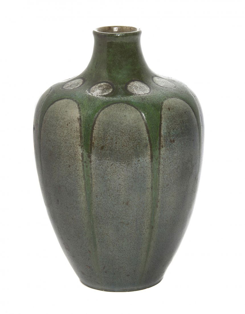 A Belgian Pottery Vase, Auguste Delaherche, Height 6 7/: A Belgian Pottery Vase, Auguste Delaherche, of ovoid form with geometric decoration, having circular mark and further impressed 559. Height 6 7/8 inches. Provenance: Property from the Ralph Esmerian C