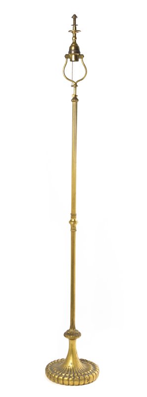 A Tiffany Studios Bronze and Gilt Metal Floor Lamp Base: A Tiffany Studios Bronze and Gilt Metal Floor Lamp Base, having a lobed base and reeded adjustable standard, stamped Tiffany Studios, New York, 684. Height 56 3/4 inches (closed). Property from the Es