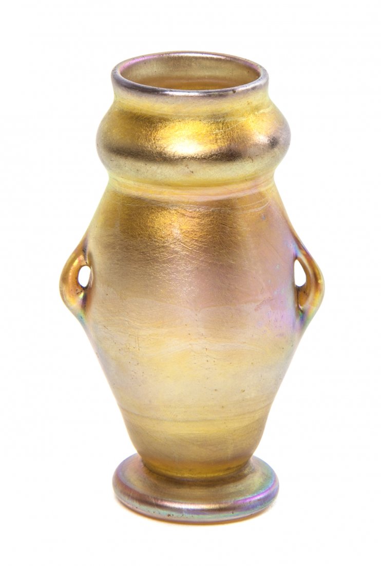A Tiffany Studios Gold Favrile Glass Vase, Height 3 3/8: A Tiffany Studios Gold Favrile Glass Vase, of handled baluster form, signed L.C.T. Y1186. Height 3 3/8 inches.