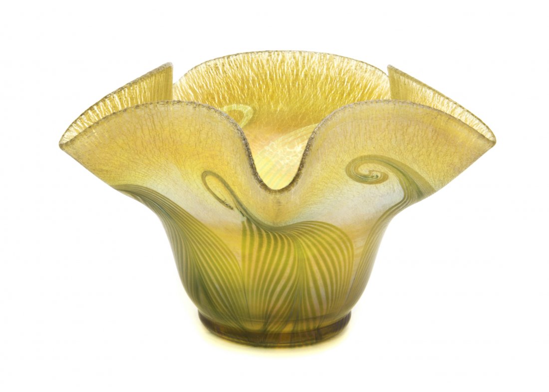 A Tiffany Studios Favrile Glass Vase, Width 6 inches.: A Tiffany Studios Favrile Glass Vase, having a ruffled rim and pulled feather decoration, signed L.C.T. 8819A. Width 6 inches.