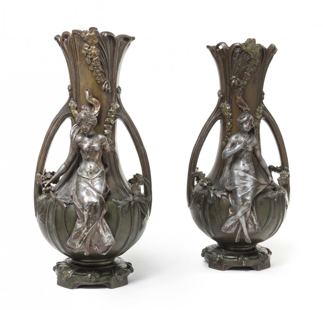 A Pair of Art Nouveau Bronze Vases, after Hippolyte Fra: A Pair of Art Nouveau Bronze Vases, after Hippolyte Francois Moreau (1832-1927), each of handled baluster form with applied maidens. Height 16 1/2 inches.