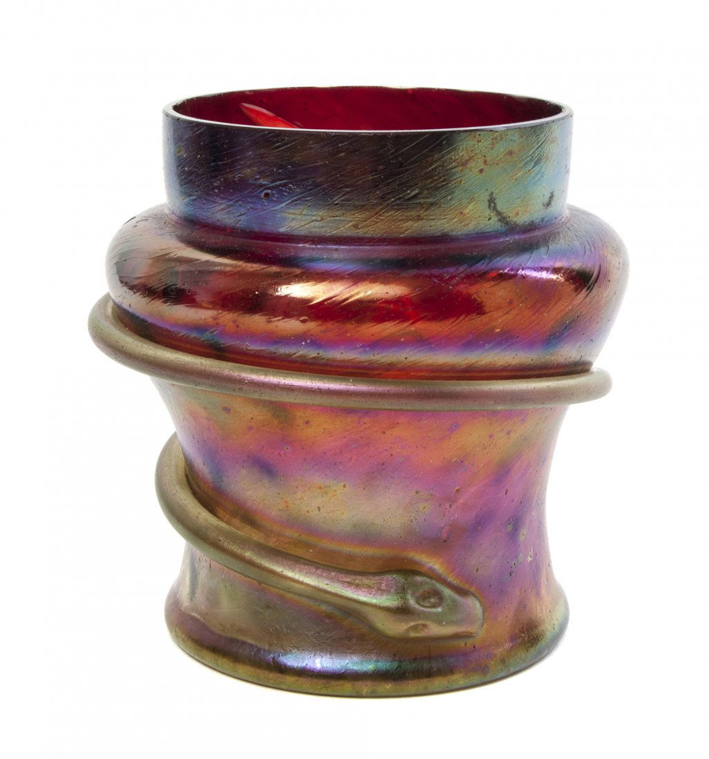 A Loetz Iridescent Glass Vase, Height 5 1/8 inches.: A Loetz Iridescent Glass Vase, of baluster form with an applied serpent. Height 5 1/8 inches. Property from the Estate of Chrystian Aubusson de Cavarlay, East Hampton, New York