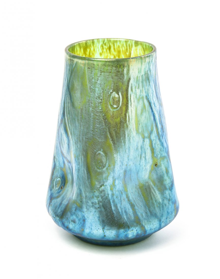 A Loetz Blue and Green Iridescent Glass Vase, Height 6 : A Loetz Blue and Green Iridescent Glass Vase, in the Rusticana pattern, of tapering cylindrical form with dimpled decoration, unsigned. Height 6 inches.