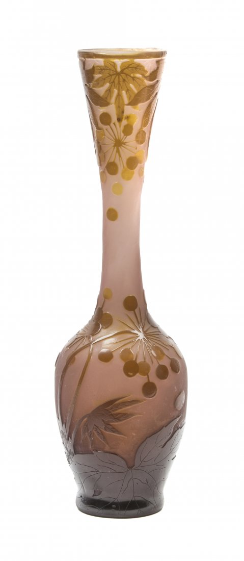A Galle Fire Polished Cameo Glass Vase, Height 13 1/2 i: A Galle Fire Polished Cameo Glass Vase, of bottle form decorated with cherries and leafy branches, signed in cameo. Height 13 1/2 inches.