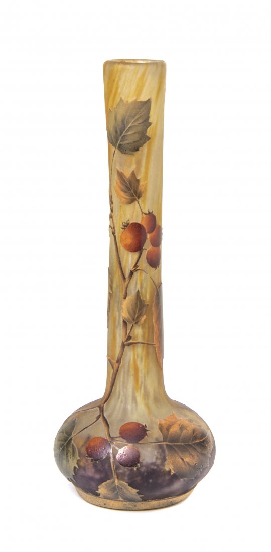 A Daum Enameled and Acid Etched Cameo Glass Vase, Heigh: A Daum Enameled and Acid Etched Cameo Glass Vase, Pomme d'Api, of bottle form decorated with fruit laden apple branches, signed Daum Nancy to base of neck. Height 9 5/8 inches.