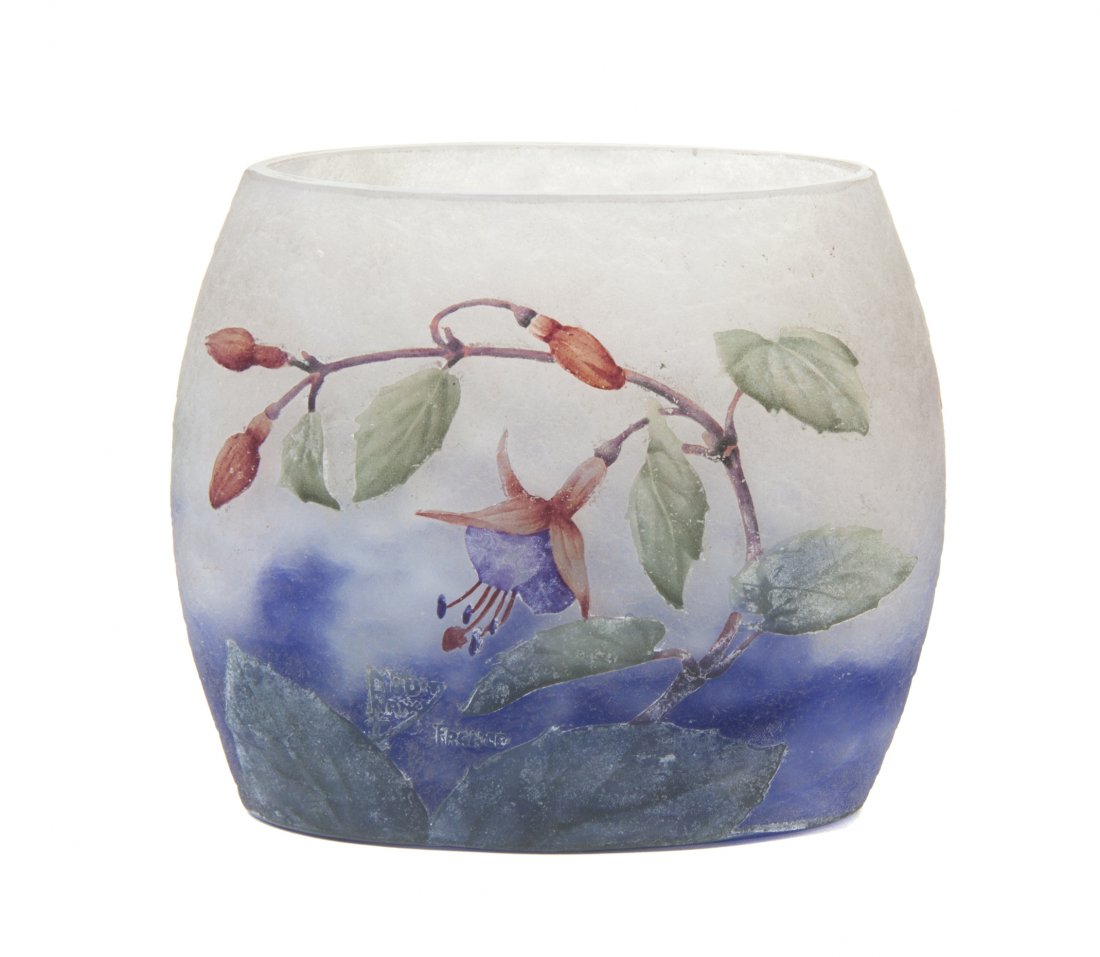 A Daum Enameled Cameo Glass Cabinet Vase, Height 3 7/8 : A Daum Enameled Cameo Glass Cabinet Vase, of flattened oval form depicting leafy fuschia flowers on a mottled ground, signed Daum Nancy with the cross of Lorraine and France in cameo. Height 3 7/8 inc