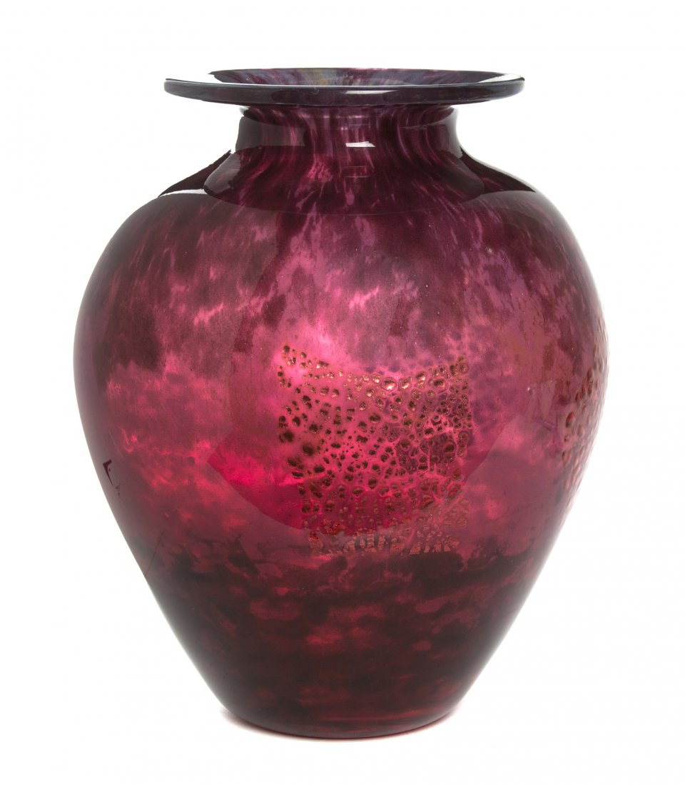 A Daum Art Deco Glass Vase, Height 12 inches.: A Daum Art Deco Glass Vase, of ovoid form with a flared rim, the mottled glass having internal gilt foil decoration, signed Daum Nancy France. Height 12 inches.