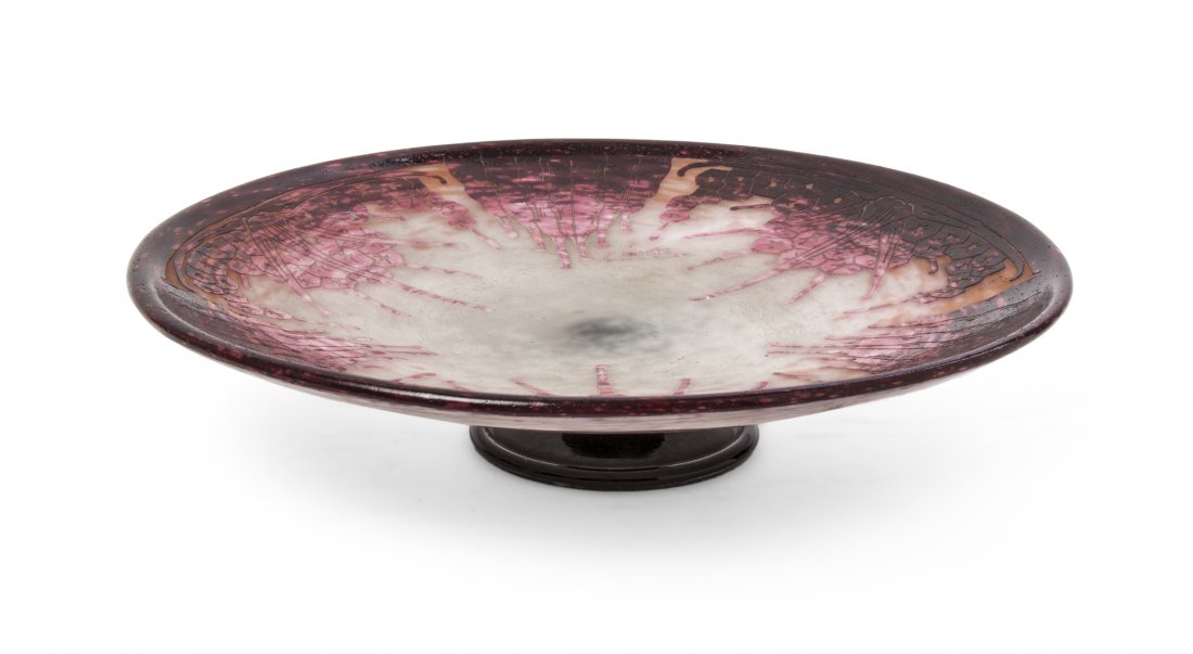 A Le Verre Francais Cameo Mottled Glass Tazza, Charles : A Le Verre Francais Cameo Mottled Glass Tazza, Charles Schneider, the circular plate with repeating stylized foliate decoration in tones of purple and pink, signed Charder in cameo, raised on a circul