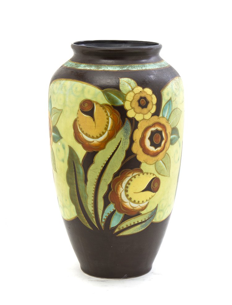 A Belgian Ceramic Vase, Boch Freres, Height 13 1/4 inch: A Belgian Ceramic Vase, Boch Freres, of elongated ovoid form, decorated with stylized flowers, numbered d.2504/B and impressed 914, with Boch Freres Keramics stamp. Height 13 1/4 inches. Property from