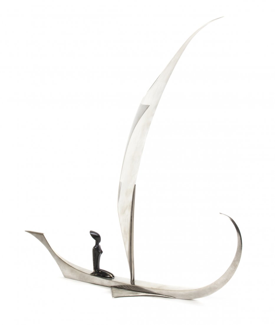 An Austrian Silverered and Patinated Bronze Figure, Hag: An Austrian Silverered and Patinated Bronze Figure, Hagenauer, depicting a stylized nude on a sailboat, bearing logo mark, further stamped Atelier Hagenauer Wien. Width 18 inches. Property from the Es