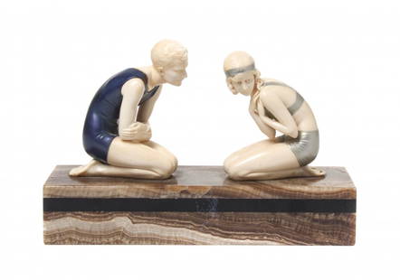 A German Cold Painted Bronze and Ivory Figural Group, F: A German Cold Painted Bronze and Ivory Figural Group, Ferdinand Preiss (1882-1943), The Bathers, depicting two kneeling swimmers, raised on a rectangular onyx base, signed F. Preiss. Width 10 1/8 inch