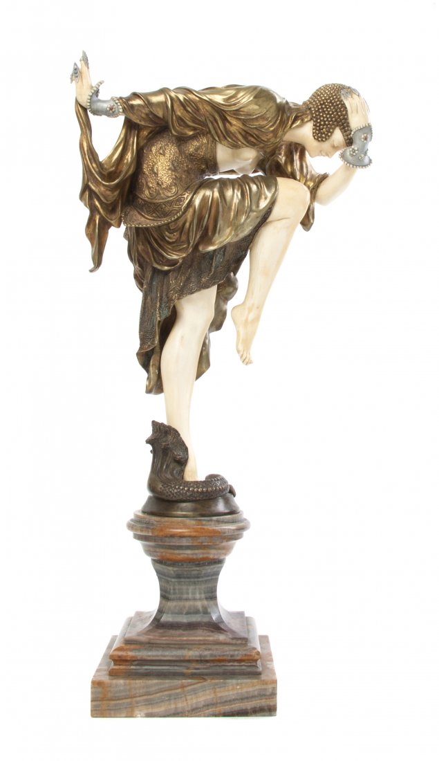 A French Bronze and Ivory Figure, Claire J. Colinet (18: A French Bronze and Ivory Figure, Claire J. Colinet (1880-1950), Ankara Dancer, depicting an Art Deco maiden with polychrome decoration, raised on a stepped onyx base, signed Cl.J.R. Colinet, further