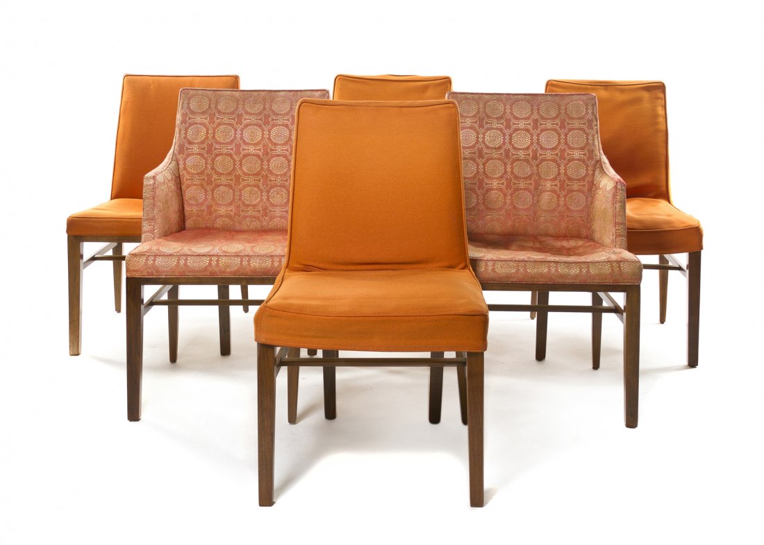 A Set of Eight Edward Wormley Mahogany Dining Chairs, f: A Set of Eight Edward Wormley Mahogany Dining Chairs, for Dunbar, each with an upholstered back and seat, raised on square tapering legs joined by an H-form stretcher, together with two Dunbar armchai