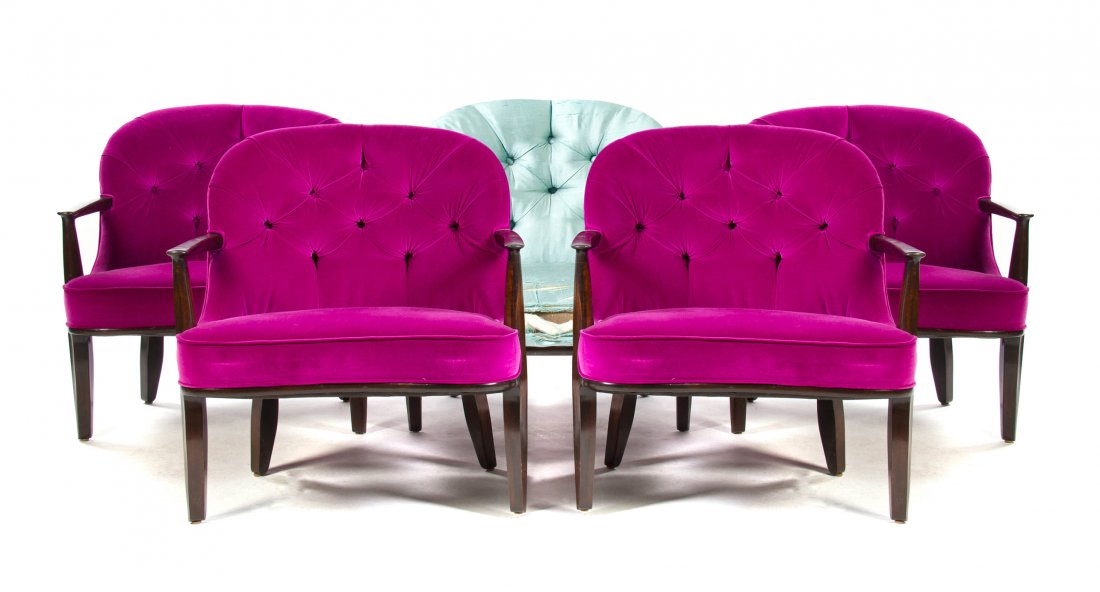 A Set of Five Edward Wormley Janus Armchairs, for Dunba: A Set of Five Edward Wormley Janus Armchairs, for Dunbar, each with an upholstered tufted back over the shaped upholstered seat, raised on tapering pentagonal legs. Height 29 1/2 inches. Prop