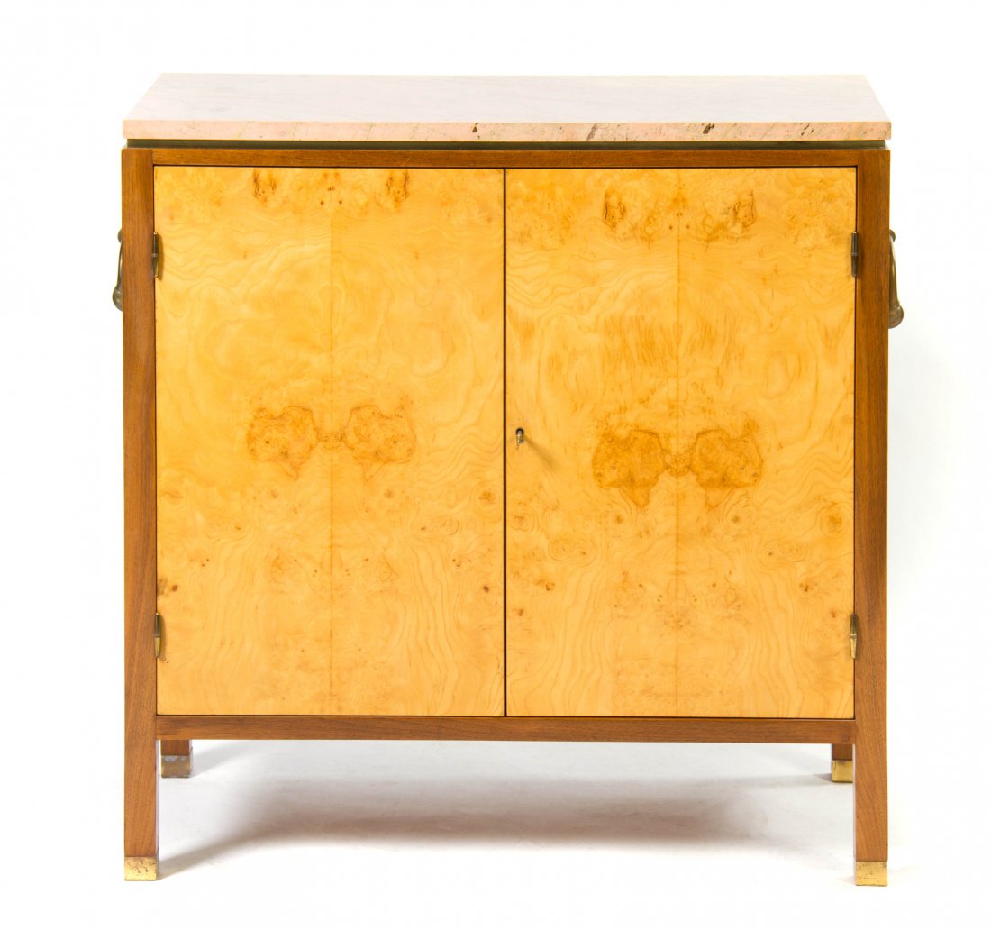 An Edward Wormley Burlwood Cabinet, for Dunbar, Height : An Edward Wormley Burlwood Cabinet, for Dunbar, having a rectangular marble top, over two panel doors opening to a shelved interior, the sides with brass ring handles, raised on square legs. Height 32