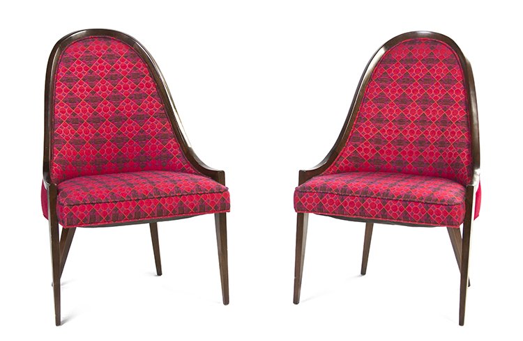 A Pair of Harvey Probber American Mahogany Lounge Chair: A Pair of Harvey Probber American Mahogany Lounge Chairs, for Century Design Ltd., having upholstered backs and seats raised on tapering legs. Height 38 1/2 inches.
