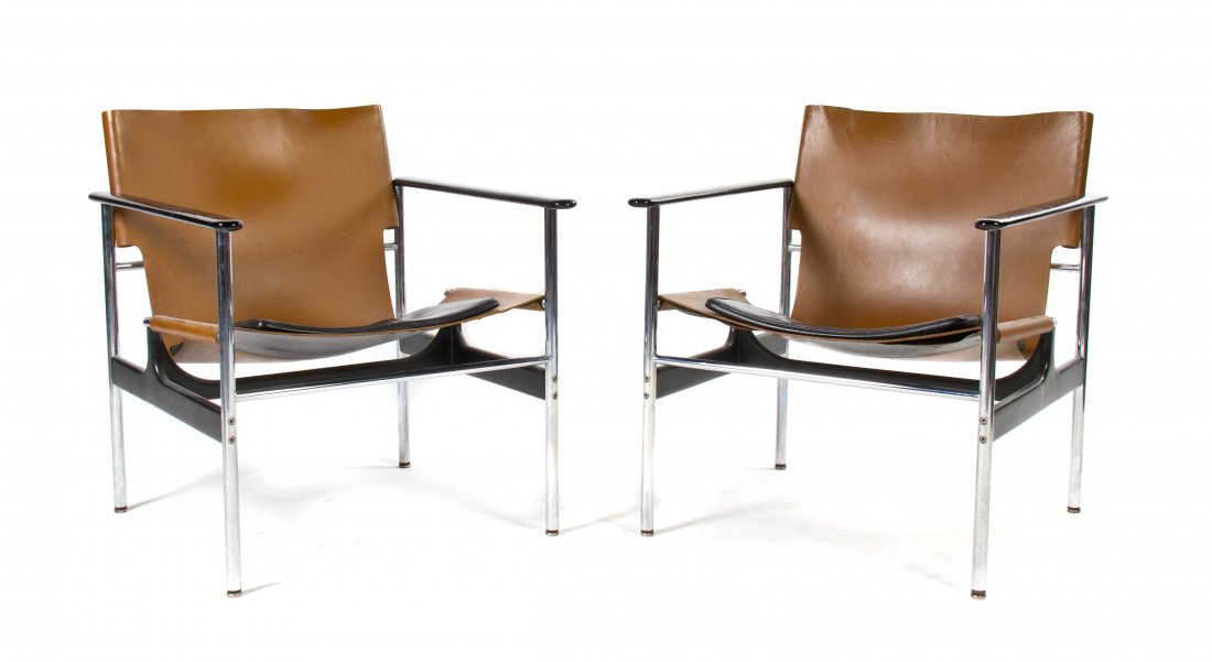 Two Charles Pollock Leather, Chrome and Ebonized Wood O: Two Charles Pollock Leather, Chrome and Ebonized Wood Open Armchairs, for Knoll, having an upholstered back and seat, raised on tubular legs joined by stretchers. Height 28 1/2 inches. Property from t