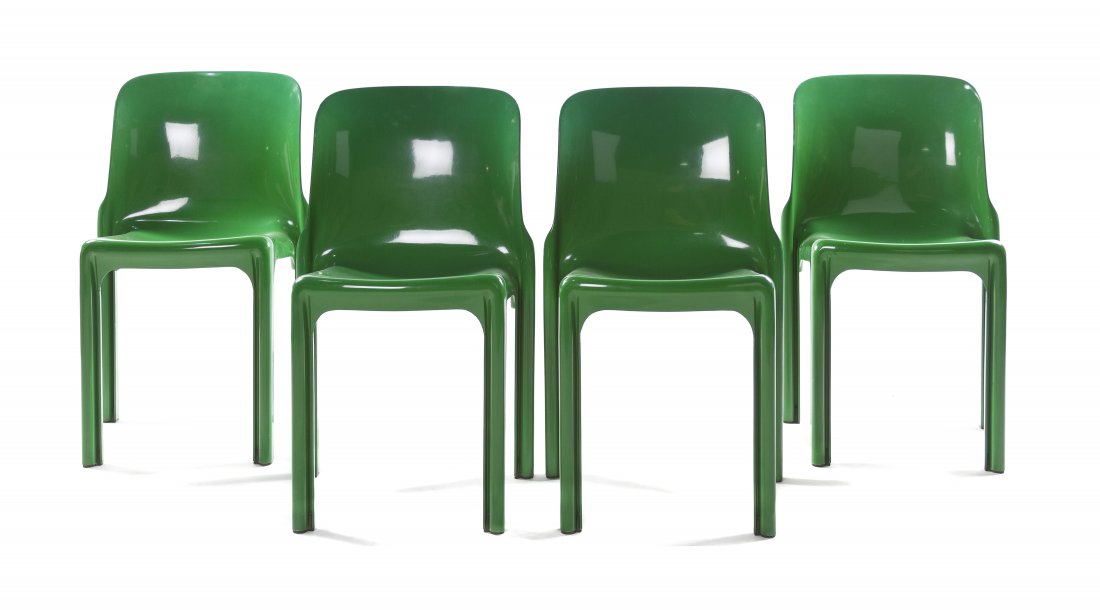 Four Italian Molded Green Selene Chairs, Vico Magistret: Four Italian Molded Green Selene Chairs, Vico Magistretti (1920-2006) for Artemide, each marked Artemide, Selene, Vico Magistretti, Italy, Pending. Height 29 1/2 inches.