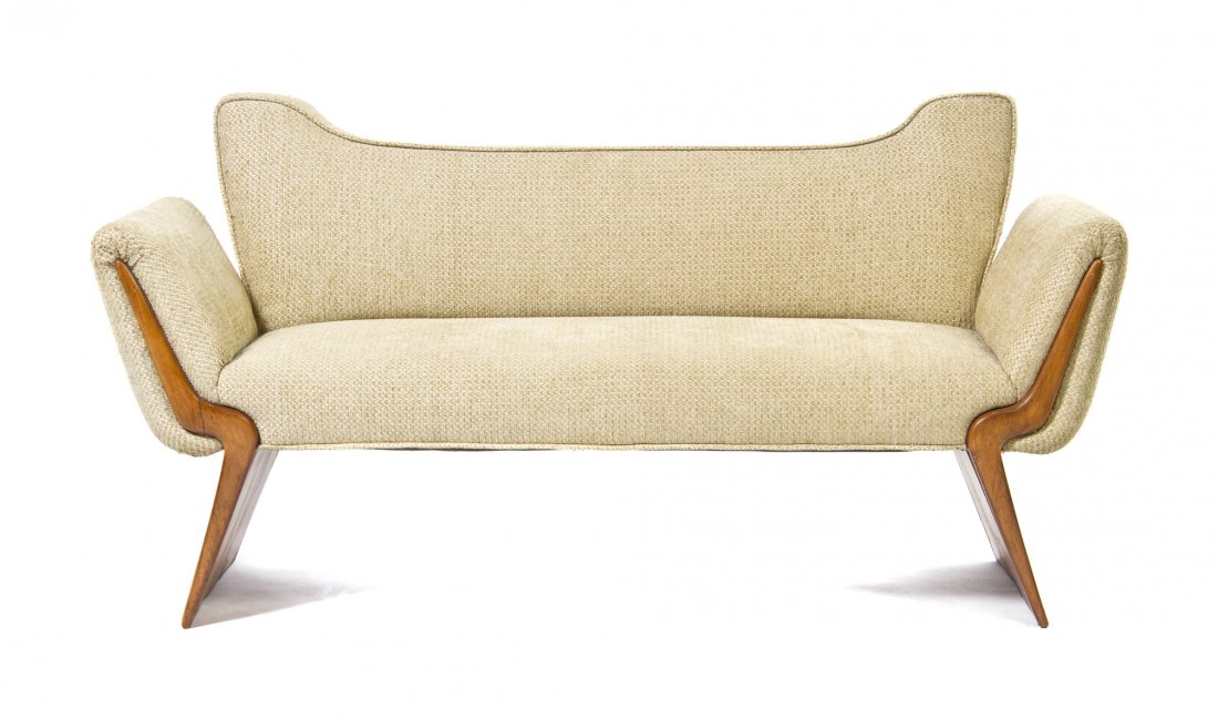 An Italian Walnut Settee, Osvaldo Borsani (1911-1985), : An Italian Walnut Settee, Osvaldo Borsani (1911-1985), having an upholstered back, arms and seat, raised on splayed tapering supports. Width 61 inches. Provenance: Wright, Chicago, IL, 2005