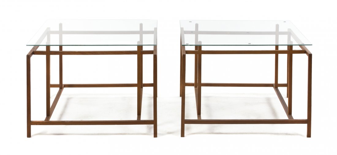 A Pair of Danish Teak Occasional Tables, Komfort, Heigh: A Pair of Danish Teak Occasional Tables, Komfort, each having a later glass top over square form legs joined by stretchers. Height 19 x width 27 x depth 27 inches.