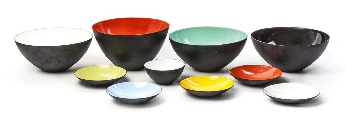 Twenty-Three Danish Enameled Krenit Bowls, Herbert Kren: Twenty-Three Danish Enameled Krenit Bowls, Herbert Krenchel (b. 1922), of various sizes and colors with a matte exterior, 14 marked Krenit Denmark. Diameter of largest 9 3/4 inches.