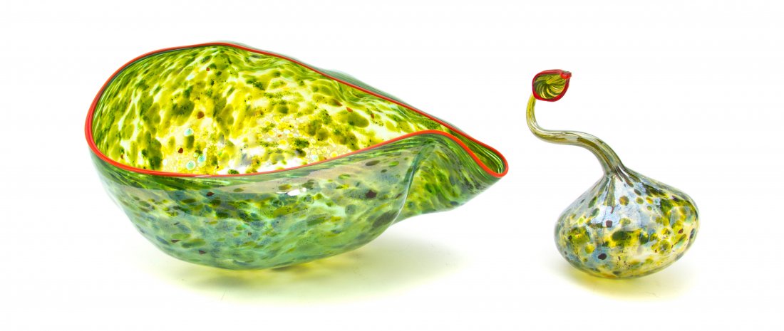 A Pair of American Studio Free Form Glass Sculptures, D: A Pair of American Studio Free Form Glass Sculptures, Dale Chihuly (b. 1941), Seaform, 1993, comprising a basket and a vase with a stretched floriform neck, executed in green glass with mottled polych