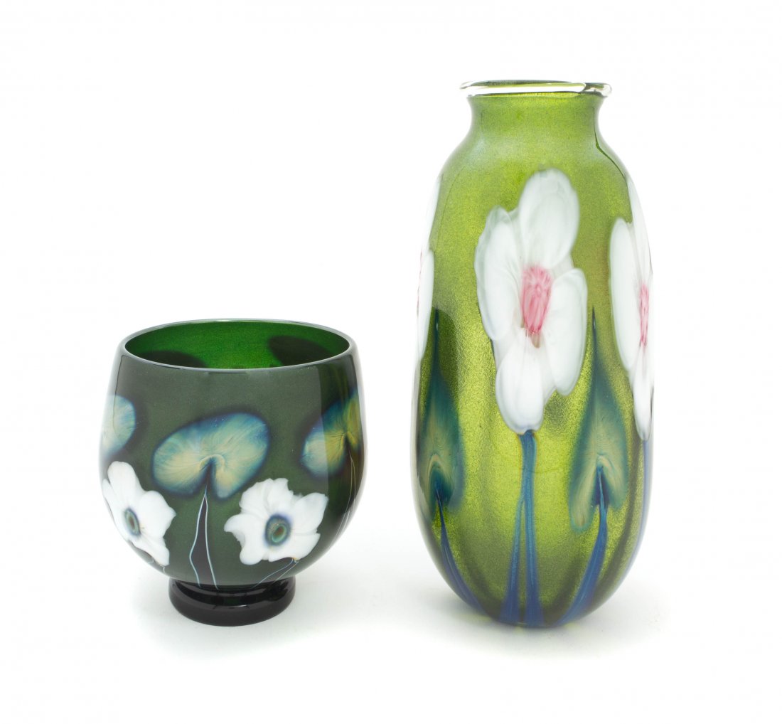 Two American Studio Glass Paperweight Vases, Charles Lo: Two American Studio Glass Paperweight Vases, Charles Lotton, each in the Multi Flora pattern, comprising one of ovoid form, dated 1980, the other of squat ovoid form, dated 1990, each signed. Height o