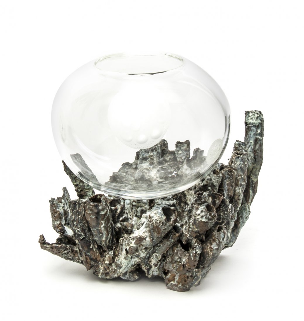 An American Glass and Bronze Bowl, Steuben, Height over: An American Glass and Bronze Bowl, Steuben, Ocean Reef,designed by Michele Oka Doner, 2005, from the Reef Collection, in two parts, the mold-blown and ground polished bowl with engraved circular decor