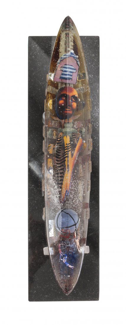 A Swedish Glass Sculpture, Bertil Vallien for Kosta Bod: A Swedish Glass Sculpture, Bertil Vallien for Kosta Boda, depicting a stylized boat with internal figural, foil, air bubble and linear decoration, etched B. Vallien/7185084/Kosta Boda Unique, raised o