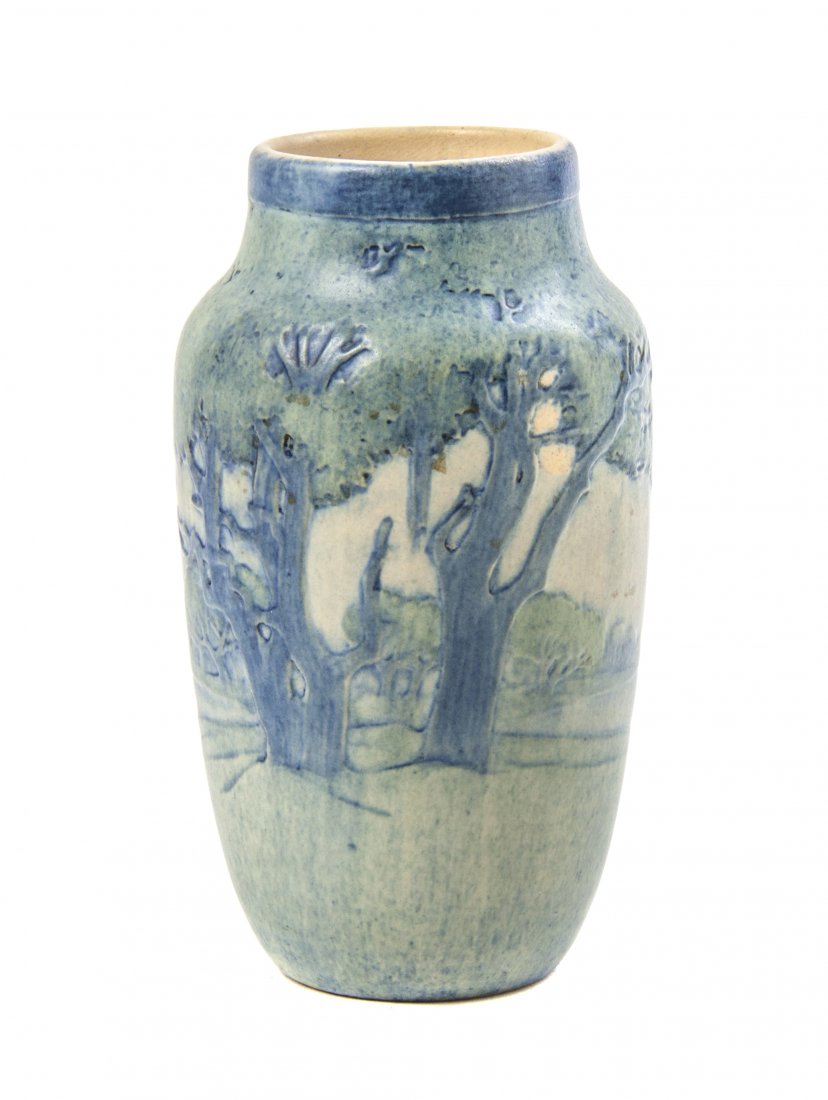 A Newcomb Pottery Vase, Sadie Irvine, Height 5 3/8 inch: A Newcomb Pottery Vase, Sadie Irvine, 1917, of elongated ovoid form, decorated with a scenic landscape and a moon, marked NC, SI, JM, 237, JB11. Height 5 3/8 inches.