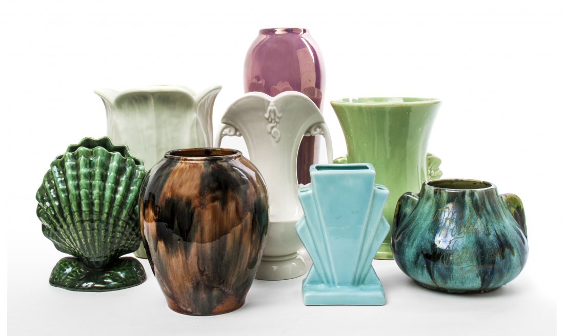 Eight American Pottery Vases, Height of tallest 12 inch: Eight American Pottery Vases, of various forms, sizes and glazes, including a World's Fair example, an Abingdon example and others. Height of tallest 12 inches. Property from the Estate of Ms. Jacquel