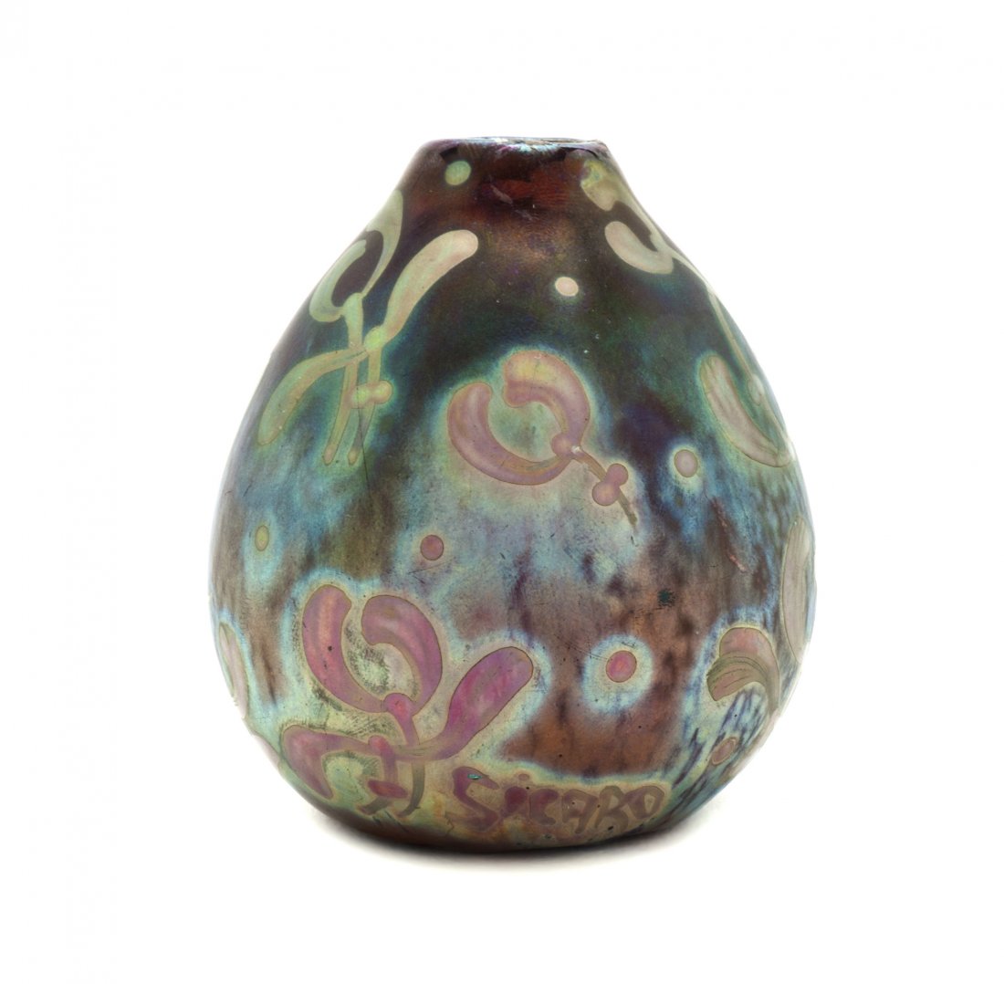 A Weller Jacques Sicard Vase, Height 3 1/8 inches.: A Weller Jacques Sicard Vase, of ovoid form, having stylized floral decoration in iridescent glaze, signed Weller Sicard in a conforming glaze. Height 3 1/8 inches. Property from the Estate of