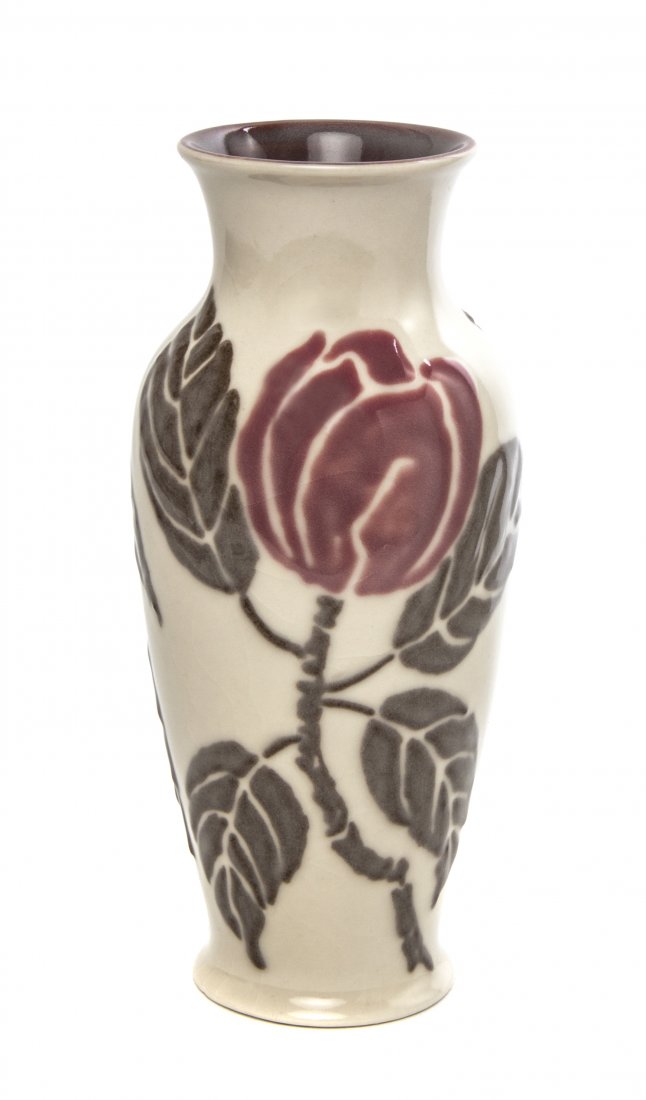 A Rookwood Pottery Vase, Elizabeth Barrett, Height 9 in: A Rookwood Pottery Vase, Elizabeth Barrett, 1944, of baluster form with rose decoration, bearing standard marks impressed 6856 further incised 3397. Height 9 inches.
