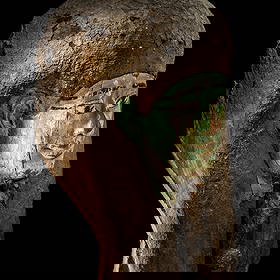 An Egyptian Painted Wood Sarcophagus Head: An Egyptian Painted Wood Sarcophagus Head Late Period to Ptolemaic Period, 664-30 B.C. Height 68.6 cm (27 inches). Property from a New York Collection Provenance: Art Market, New York. Noel Vreeland C