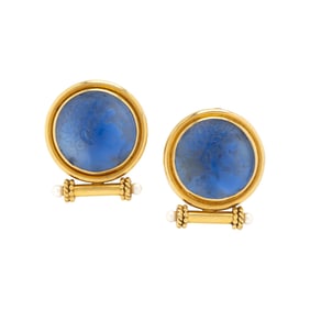 ELIZABETH LOCKE, BLUE VENETIAN GLASS, MOTHER-OF-PEARL, CULTURED PEARL, AND YELLOW GOLD CAMEO