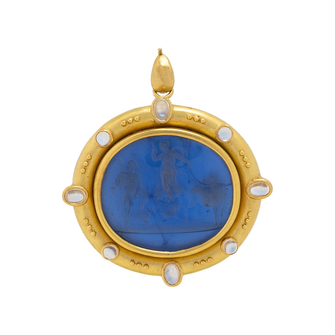 ELIZABETH LOCKE, BLUE VENETIAN GLASS, MOTHER-OF-PEARL, MOONSTONE, AND YELLOW GOLD INTAGLIO BROOCH: ELIZABETH LOCKE, BLUE VENETIAN GLASS, MOTHER-OF-PEARL, MOONSTONE, AND YELLOW GOLD INTAGLIO BROOCH PENDANT Blue Venetian glass intaglio measuring 36.15 x 32.20 mm depicting a bull and classical figures