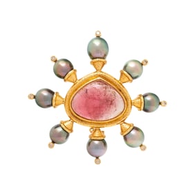 PINK TOURMALINE, GRAY CULTURED PEARL, DIAMOND, AND YELLOW GOLD BROOCH