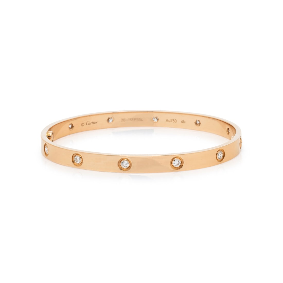CARTIER, ROSE GOLD AND DIAMOND 'LOVE' BRACELET: CARTIER, ROSE GOLD AND DIAMOND 'LOVE' BRACELET Round diamonds weighing approximately 0.95 carat total. 18 karat rose gold. 7 1/4 inches inner circumference. Stamp: Cartier 20 HZP934 Au750 db. Gross we