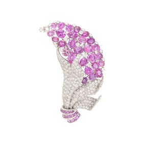 PINK SAPPHIRE, DIAMOND, AND WHITE GOLD BROOCH