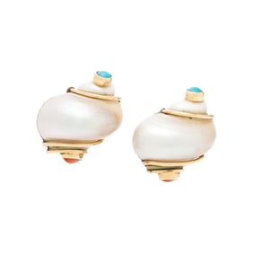 SEAMAN SCHEPPS, TURBO SHELL, CORAL, AND TURQUOISE EARRINGS