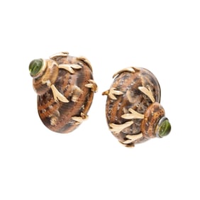 MAZ, SHELL, PERIDOT, AND YELLOW GOLD EARRINGS