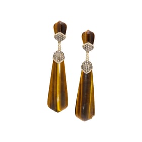 TIGER'S EYE, DIAMOND, COLORED DIAMOND, AND YELLOW GOLD PENDANT EARRINGS