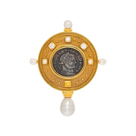 COIN, DIAMOND, CULTURED PEARL, AND YELLOW GOLD BROOCH