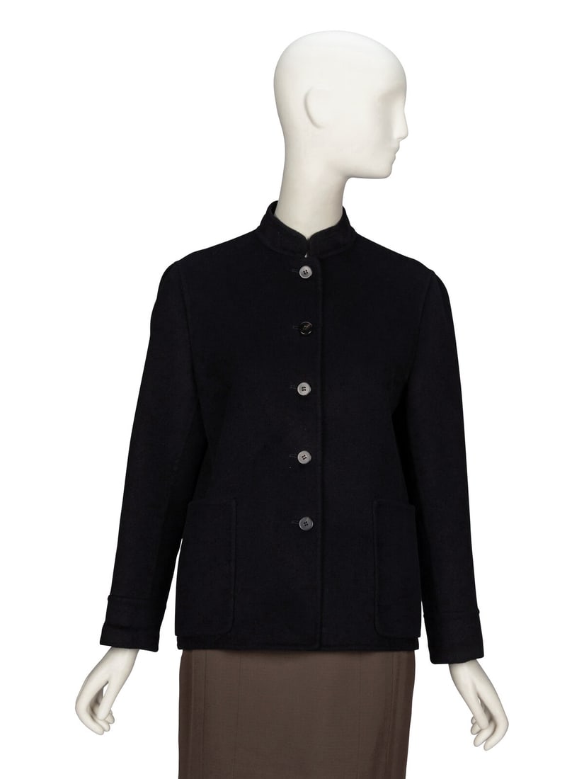 PRADA, BLACK DOUBLE-FACED JACKET: PRADA, BLACK DOUBLE-FACED JACKET Boxy jacket in black cashmere/wool/angora-blend felted double-faced coating. Stand collar. Wrist-length sleeves. Two patch pockets. Button closures at front. Unlined.