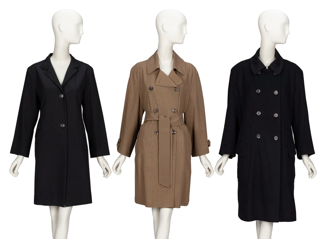 JIL SANDER, THREE COATS: JIL SANDER, THREE COATS THE FIRST Slim-cut coat in lightweight black wool suiting. Small spread collar & notched lapels/convertible collar. Full-length sleeves. Two welt pockets with flaps at fron