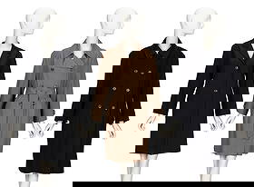 JIL SANDER, THREE COATS: JIL SANDER, THREE COATS THE FIRST Slim-cut coat in lightweight black wool suiting. Small spread collar & notched lapels/convertible collar. Full-length sleeves. Two welt pockets with flaps at fron