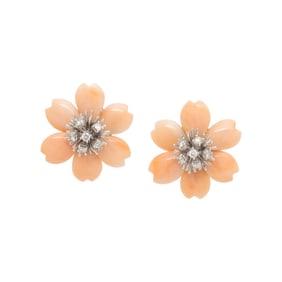 CORAL, DIAMOND, AND WHITE GOLD FLOWER EARRINGS