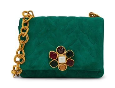 CHANEL, GREEN SUEDE GRIPOIX FLAP BAG