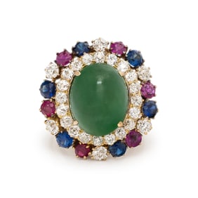 JADE, RUBY, SAPPHIRE, AND DIAMOND RING